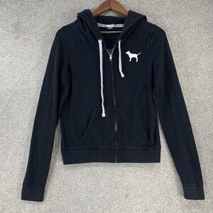Y2K Victoria Secret Zip Up Sweater Jacket Love Pink Black L Hood Dog Logo